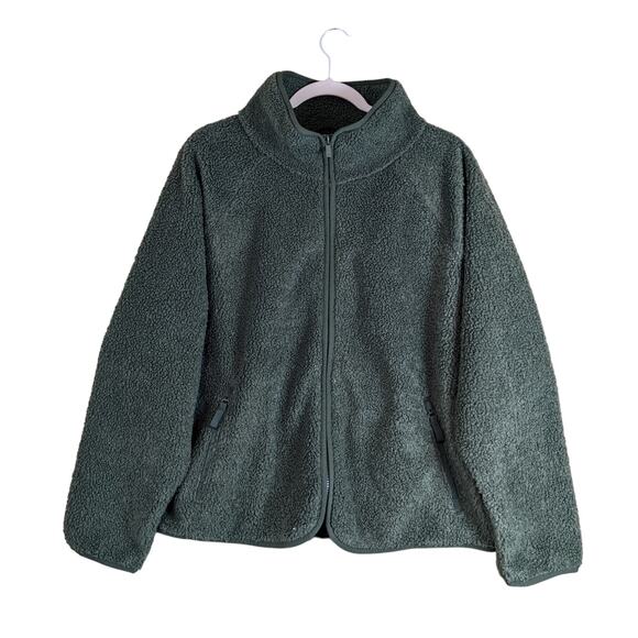 All in Motion Sherpa Jacket Olive Green L Full Zip Pocket Relaxed Fit Fuzzy Cozy - Picture 1 of 11